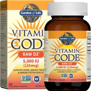 Garden of Life Vitamin D, Vitamin Code Raw D3, Vitamin D 5,000 IU, Raw Whole Food Vitamin D Supplements with Chlorella, Fruit, Veggies & Probiotics for Bone & Immune Health. 60 Vegetarian Capsules