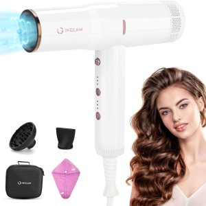 Hair Blow Dryer with Diffuser, IG INGLAM Professional 110,000 RPM High Speed Brushless Motor Negative Ion Low Noise Constant Temperature Auto-Clean, 3 Heat Settings 3 Speeds Powerful Ionic Hair Dryer