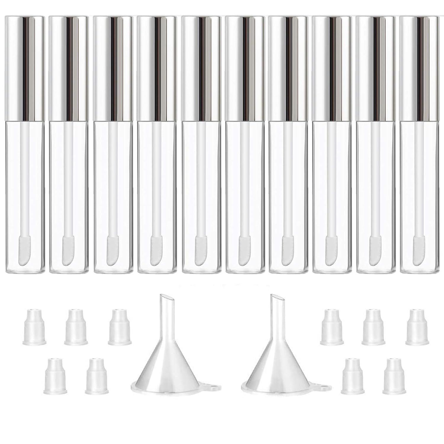 GTHER 10PCS 10ML Empty Lip Gloss Containers Tube with Wand, Refillable Lip Balm Bottles, Lipstick Sample Container and Funnel and Rubber Stoppers for Girls DIY Lip Samples, Silver Top GTHER 10PCS 10ML Empty Lip Gloss Containers Tube with Wand, Refillable Lip Balm Bottles, Lipstick Sample Container and Funnel and Rubber Stoppers for Girls DIY Lip Samples, Silver Top
