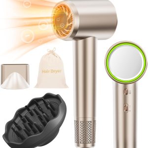 Hair Dryer with Diffuser for Curly Hair, 1400W High Speed Ionic Blow Dryer for Fast Drying, Portable Quiet Thermo-Control Hairdryer with Nozzle for Home Travel (Champagne)