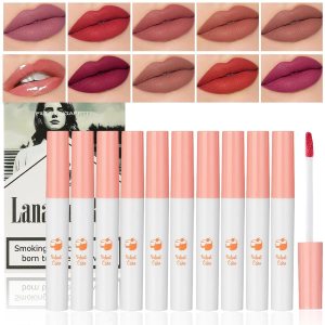10 Colors Lana Del Rey Matte Lipstick Cigarette, Lip Tint Stain Set, Little Tube Matte Liquid Lip Gloss Set, 24 Hour Waterproof Long Lasting Velvet Lipstick