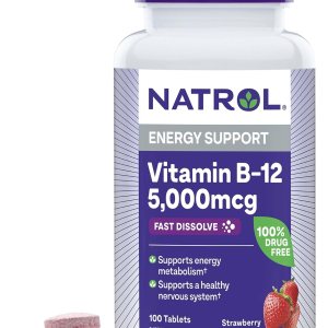 Natrol Vitamin B12 Fast Dissolve Tablets, Promotes Energy, Supports a Healthy Nervous System, Maximum Strength, Strawberry Flavor, 5,000mcg, 100 Count