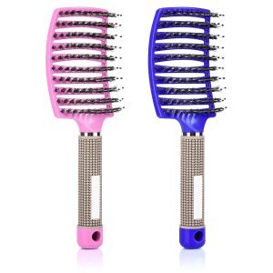 Wet Hair Brush Detangling Brush for Wet & Dry, Detangler Brush for Blow Drying, Curved Vented Wet Hair Brushes for Women Kids, Detangling Brush for Wet Dry 2 Pack (Pink+Blue)