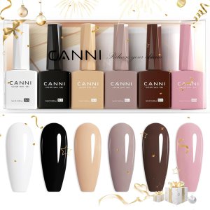CANNI 9ml Hema-Free White Black Gel Nail Polish Set- 6Pcs White Black Nude Pink Brown Colors Gel Polish Kit, Soak Off LED Nail Gel Manicure Kit DIY at Home Salon Gifts for Women Girls