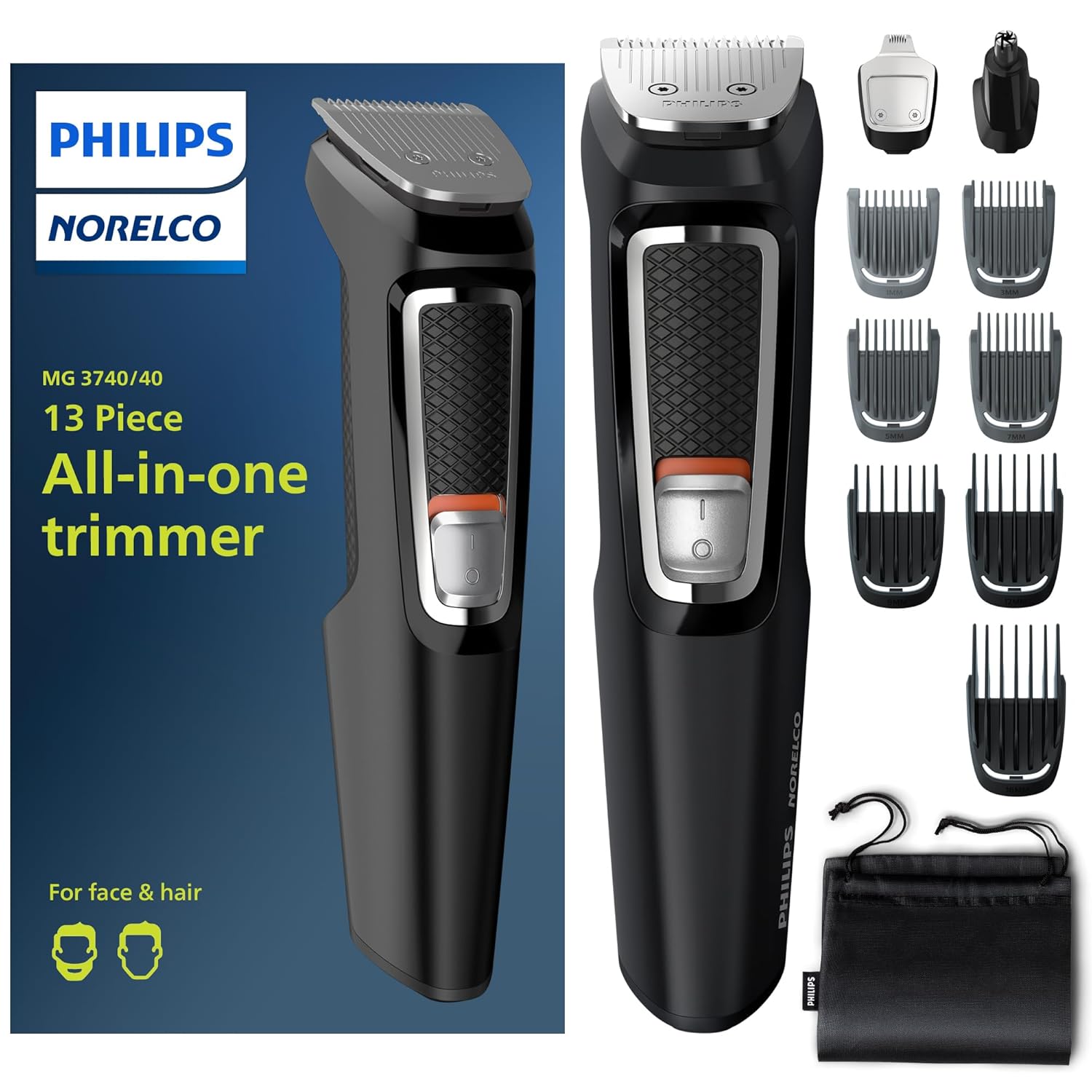 Philips Norelco Multi Groomer All-in-One Trimmer Series 3000-13 Piece Mens Grooming Kit for Beard, Face, Nose, Ear Hair Trimmer and Hair Clipper – NO Blade Oil Needed, MG3740/40 Philips Norelco Multi Groomer All-in-One Trimmer Series 3000-13 Piece Mens Grooming Kit for Beard, Face, Nose, Ear Hair Trimmer and Hair Clipper – NO Blade Oil Needed, MG3740/40