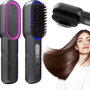 Cordless Hair Straightener Brush – Retractable Design | 4 Temp Settings | Straight and Curly Dual Purpose | Fast Heat-up, Long Battery Life – Styling for Smooth, Healthy Hair (Gray)