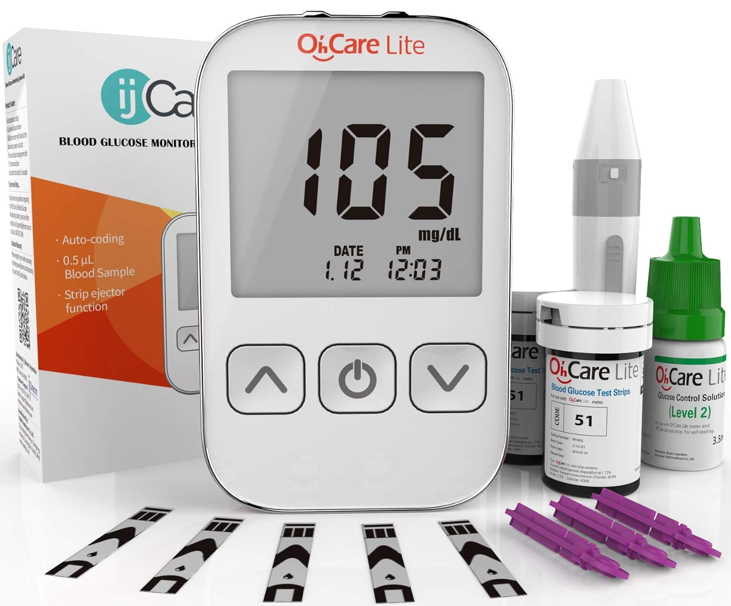 Oh’Care Lite Blood Sugar Test Kit – Blood Glucose Meter with Strips and Lancets, Lancing Device, Log, and Case – One Touch Eject Glucometer (110 Strips, 125 Lancets, & Control Solution) Oh’Care Lite Blood Sugar Test Kit – Blood Glucose Meter with Strips and Lancets, Lancing Device, Log, and Case – One Touch Eject Glucometer (110 Strips, 125 Lancets, & Control Solution)