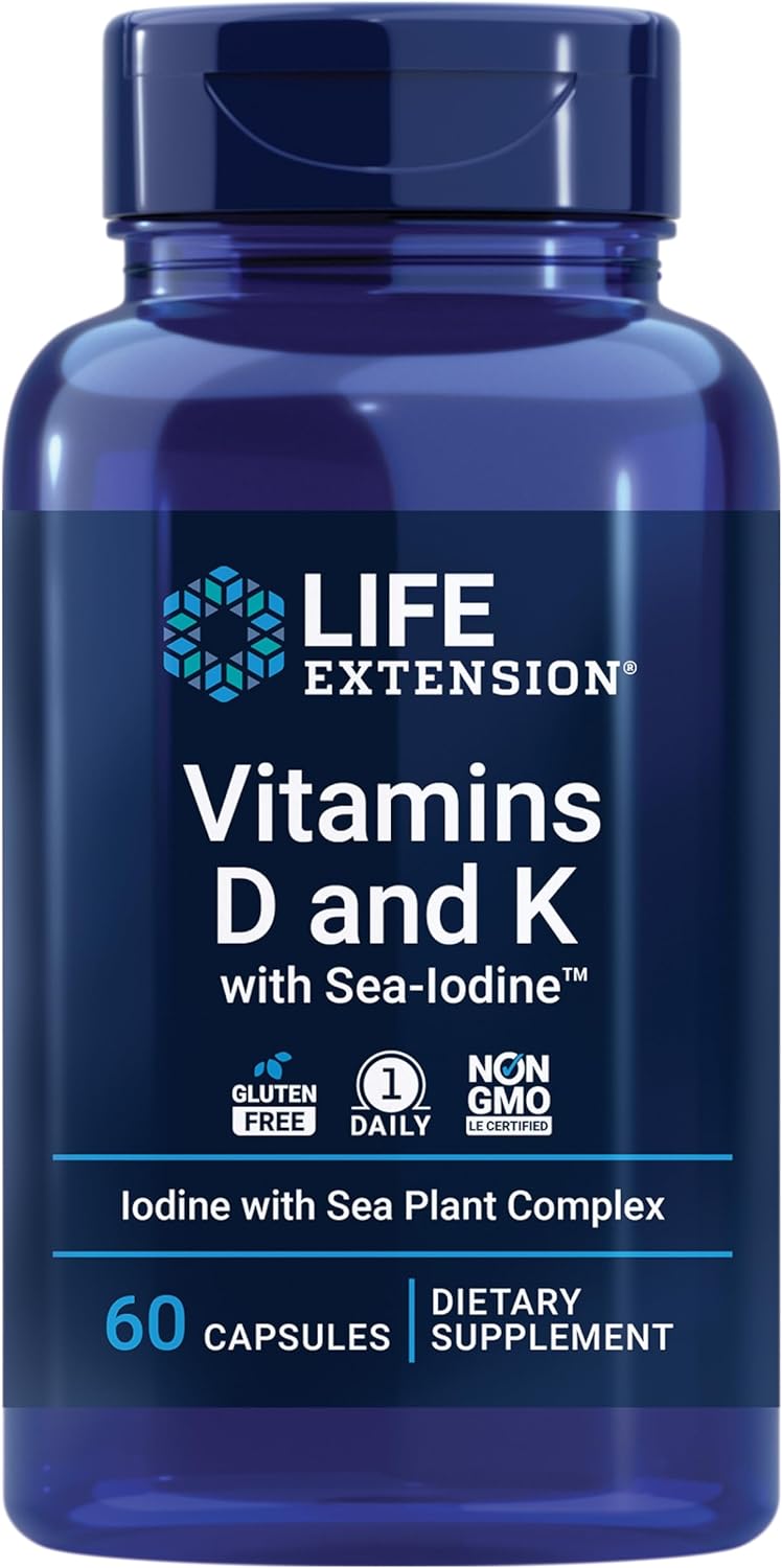 Life Extension Vitamins D and K with Sea-Iodine, vitamin D3, vitamin K1 and K2, iodine, supports immune, bone, arterial and thyroid health, non-GMO, gluten-free, 60 capsules Life Extension Vitamins D and K with Sea-Iodine, vitamin D3, vitamin K1 and K2, iodine, supports immune, bone, arterial and thyroid health, non-GMO, gluten-free, 60 capsules