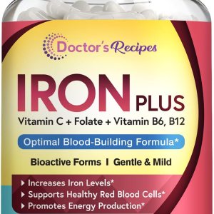 Doctor’s Recipes Iron Supplement, with Vitamin C, B6, Folate & B12, Non-Constipating, Stomach Friendly, Gentle Iron Pills for Iron Deficiency, Blood & Energy Support, 60 Vegan Capsules