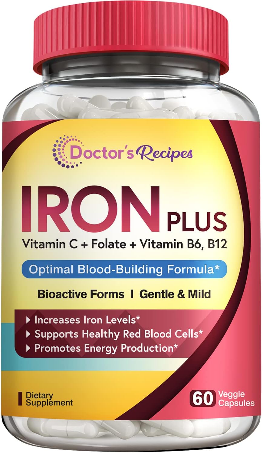 Doctor’s Recipes Iron Supplement, with Vitamin C, B6, Folate & B12, Non-Constipating, Stomach Friendly, Gentle Iron Pills for Iron Deficiency, Blood & Energy Support, 60 Vegan Capsules Doctor’s Recipes Iron Supplement, with Vitamin C, B6, Folate & B12, Non-Constipating, Stomach Friendly, Gentle Iron Pills for Iron Deficiency, Blood & Energy Support, 60 Vegan Capsules