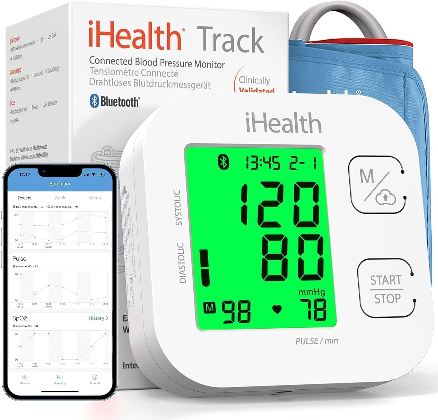 iHealth Track Smart Upper Arm Blood Pressure Monitor with Wide Range Cuff That fits Standard to Large Adult Arms, Bluetooth Compatible for iOS & Android Devices iHealth Track Smart Upper Arm Blood Pressure Monitor with Wide Range Cuff That fits Standard to Large Adult Arms, Bluetooth Compatible for iOS & Android Devices