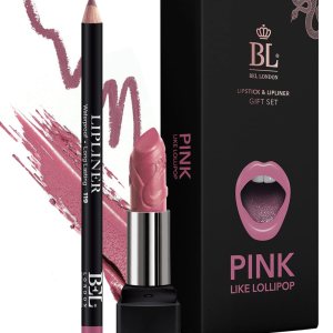 BL Color Matched Lip Liner & Lipstick Set (Pink) – Full-Coverage Argan Long Lasting Lipstick and Lip Liner Set With Natural Oils for Nourishment, Hydration, & Protection – Chemical-Free