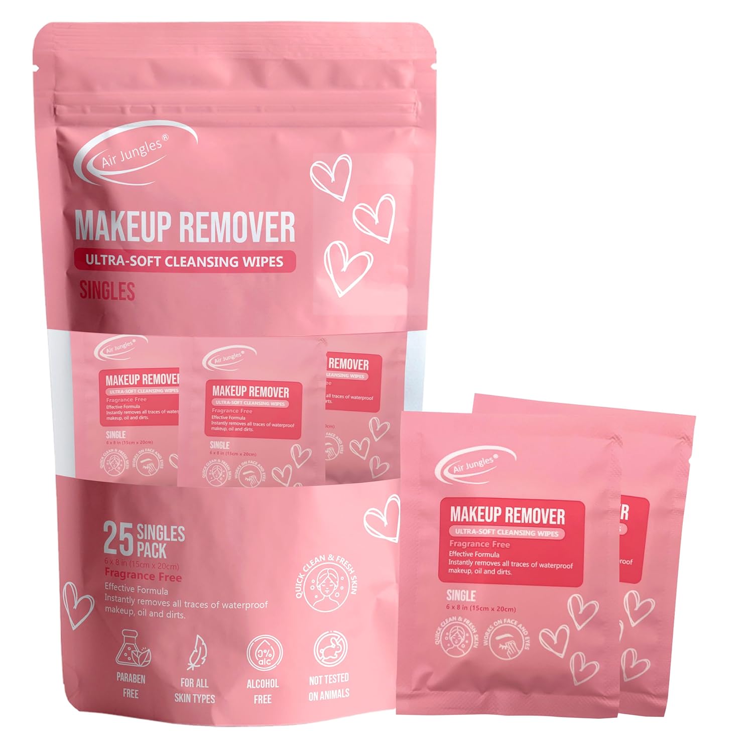 Air Jungles Makeup Remover Wipes Singles 25 Count, Fragrance-Free, Gentle Removes Makeup and Oil, Soft Cleansing Wipes, Alcohol Free, Large 6″ x 8″ Unfolded Wipe Size Air Jungles Makeup Remover Wipes Singles 25 Count, Fragrance-Free, Gentle Removes Makeup and Oil, Soft Cleansing Wipes, Alcohol Free, Large 6″ x 8″ Unfolded Wipe Size