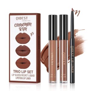 3 in 1 Brown Lip Gloss and Lip Liner Lipstick Set Nude Lip Liner Set Long-lasting Nonstick Cup Lip Kit Moisturizing Lip Set for Women (05# Whiskey Honey)