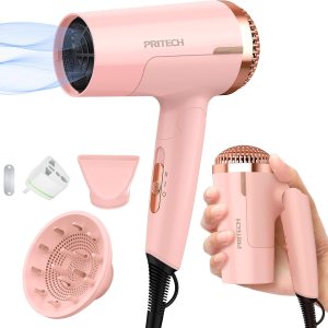 PRITECH Dual Voltage Hair Dryer with Diffuser, 1200W, Compact, Foldable, ALCI Safety Plug, Pink