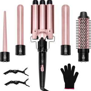 Curling Iron 5 in 1 Curling Wand Set, Thermal Brush with 4 Interchangeable Ceramic, 3 Barrel Curling Iron,Fast Heating Wand Curling Iron Curling Brush with Glove & 2 Clips