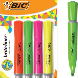 BIC Brite Liner Highlighter with Rubber Grip, Chisel Tip, Assorted, Pack of 4 – BLMGP41-A-AST