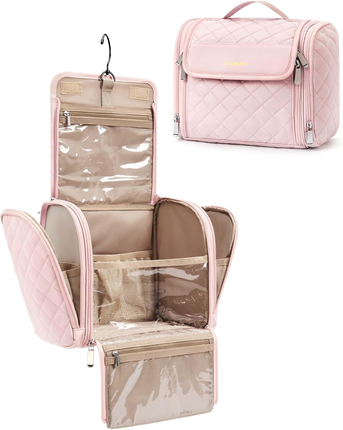 BAGSMART Makeup Bag Cosmetic Travel Bag with Hanging Hook, Water-resistant Make Up Bag Organizer for Accessories, Brushes, Sponge, Full-size Container, Toiletries, Pink BAGSMART Makeup Bag Cosmetic Travel Bag with Hanging Hook, Water-resistant Make Up Bag Organizer for Accessories, Brushes, Sponge, Full-size Container, Toiletries, Pink