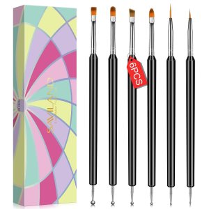 SAVILAND Nail Art Brushes Set – 6pcs Double-End Nail Art Tools Professional Nail Art Kit Dotting Tools Line Pen Painting Brushes for Gel Polish Nail Design French Manicure