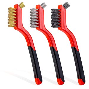 Wire Brush Set 3Pcs – Nylon/Brass/Stainless Steel Bristles with Curved Handle Grip for Rust, Dirt & Paint Scrubbing with Deep Cleaning – 7 Inches (Red)