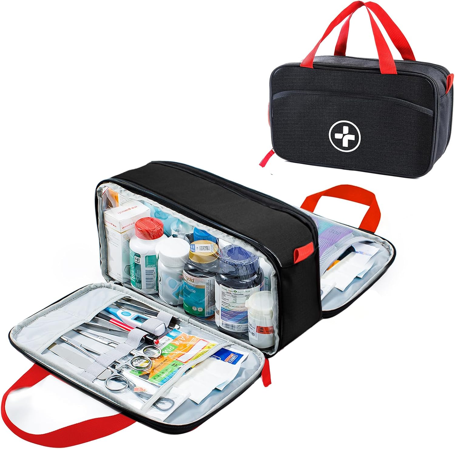 Full Open Medicine Bag Empty, Family First Aid Bag, Small Medicine Storage Bag,Pill Bottle Organizer for Emergency Medical Supplies, First Aid Box,First Aid Kit Bag, Black (Bag Only) Full Open Medicine Bag Empty, Family First Aid Bag, Small Medicine Storage Bag,Pill Bottle Organizer for Emergency Medical Supplies, First Aid Box,First Aid Kit Bag, Black (Bag Only)