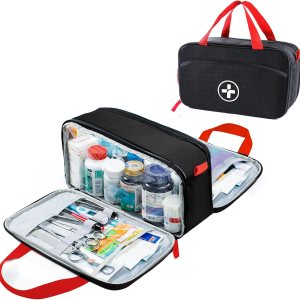 Full Open Medicine Bag Empty, Family First Aid Bag, Small Medicine Storage Bag,Pill Bottle Organizer for Emergency Medical Supplies, First Aid Box,First Aid Kit Bag, Black (Bag Only)