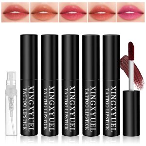5PCS Lip Stain Peel Off Lip Tint Stain Set Matte Liquid Tattoo Lipstick Lip Stain Tint Long Lasting Waterproof Non-Stick Cup Lip Gloss for Women Lip Makeup
