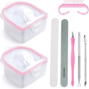 Yokilly Nail Soaking Bowl, 2 PCS Soak Off Gel Polish Remover Manicure Bowl, Acetone Nail Soak Off Bowl for Acrylic Nails Dip Powder Remover Kit with Cuticle Peeler and Cuticle Pusher (Pink-8PCS Set)