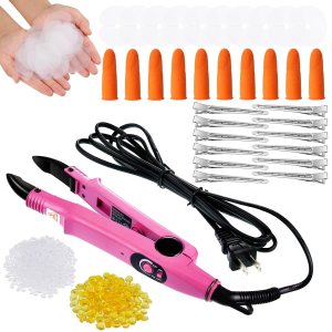 Fusion Hair Extension Tools Keratin Hair Extension Fusion Heat Iron Hair Extension Heat Tool with Fusion Glue Protector Template Hair Clips Finger Protector 2 Bags Keratin Glue Granule (Pink)