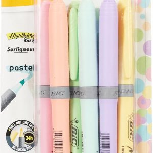 BIC Highlighter Grip Pastel, Highlighter Pens with Adjustable Chisel Tip, Rubber Grip for Extra Comfort, Assorted Colours, Pack of 6