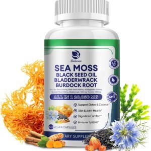 Sea Moss Capsules 20,050mg with Irish Sea Moss, Black Seed Oil, Ashwagandha, Burdock Root, Bladderwrack, Turmeric, Vitamin C D3, Organic Seamoss Superfood Supplements, 120 Caps – Vegan丨Non-GMO