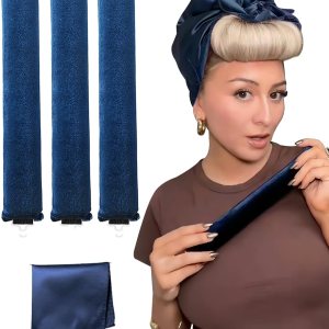 Velvet Heatless Curling Set No Heat Hair Curlers Overnight Curls Blowout Rods, Soft Large Hair Rollers to Sleep in Heatless Curls for Long Hair Blowout Look | Heatless Curling Rod Headband Navy