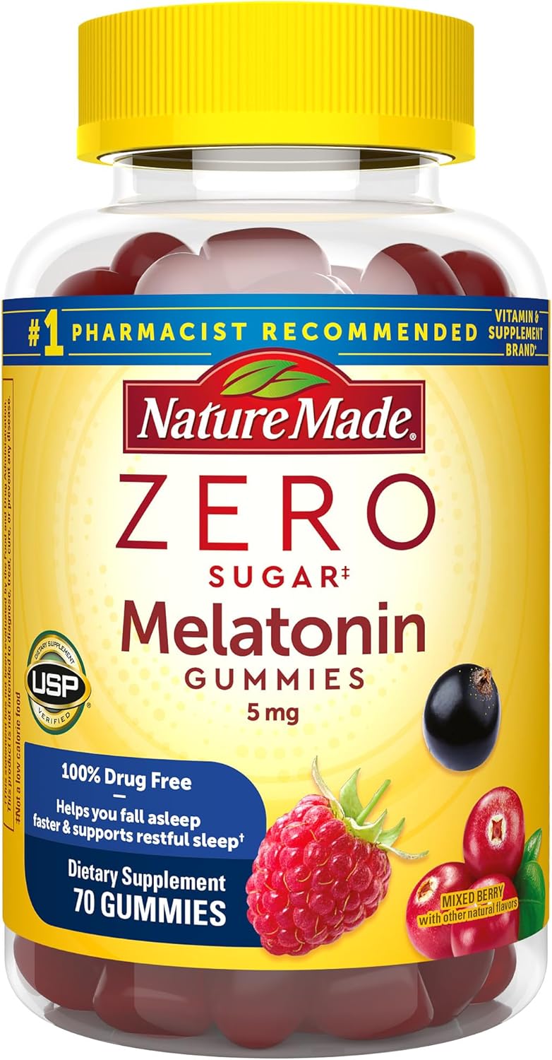 Nature Made Zero Sugar Melatonin 5mg Extra Strength Gummies, 100% Drug Free Sleep Aid for Adults, 70 Sugar Free Melatonin Gummies, 70 Day Supply Nature Made Zero Sugar Melatonin 5mg Extra Strength Gummies, 100% Drug Free Sleep Aid for Adults, 70 Sugar Free Melatonin Gummies, 70 Day Supply