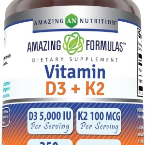 Amazing Formulas Vitamin D3 5000 IU with Vitamin K2 100 Mcg| 250 Veggie Capsules | D3 + K2 Complex | Non-GMO | Gluten Free | Made in USA