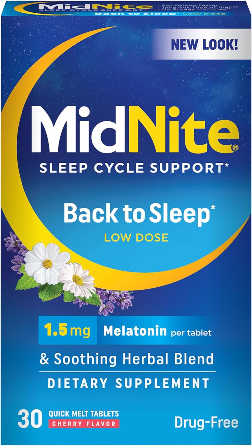 MidNite Drug-Free Sleep Aid, Chewable Tablets, Cherry Flavored, 30 Count, Melatonin & Herbs Dietary Supplement – Packaging May Vary MidNite Drug-Free Sleep Aid, Chewable Tablets, Cherry Flavored, 30 Count, Melatonin & Herbs Dietary Supplement – Packaging May Vary