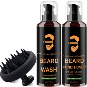 Beard Wash, Beard Conditioner & Beard Brush Set w/Argan & Tea Tree Oils – Mint Tea Tree Scent – Softens & Strengthens, Shine, Reduce Itchy – Deeply Cleanse 2 x 4 Fl Oz 120ML