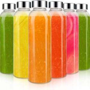Sursip 18oz Glass Water Bottle Set of 6, Clear glass juice bottle for juicing,Reusable Drinking Bottles with Stainless Steel Lid,Beverage Storage Containers for Refrigerator-BPA Free,Leak Proof