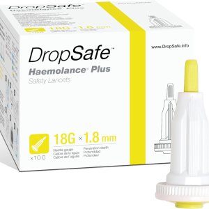 Haemolance Plus Safety Lancet, High Flow, 18 Gauge, 1.8mm, Top Button Activated for Blood Sampling, Sterile, Single-Use, 100ct Box