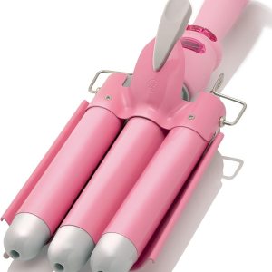 Alure Three Barrel Curling Iron Wand with LCD Temperature Display – 1 Inch Ceramic Tourmaline Triple Barrels, Dual Voltage Crimping Tool, Best Hair Waver for Beachy/Frizz Free Waves (White/Pink)