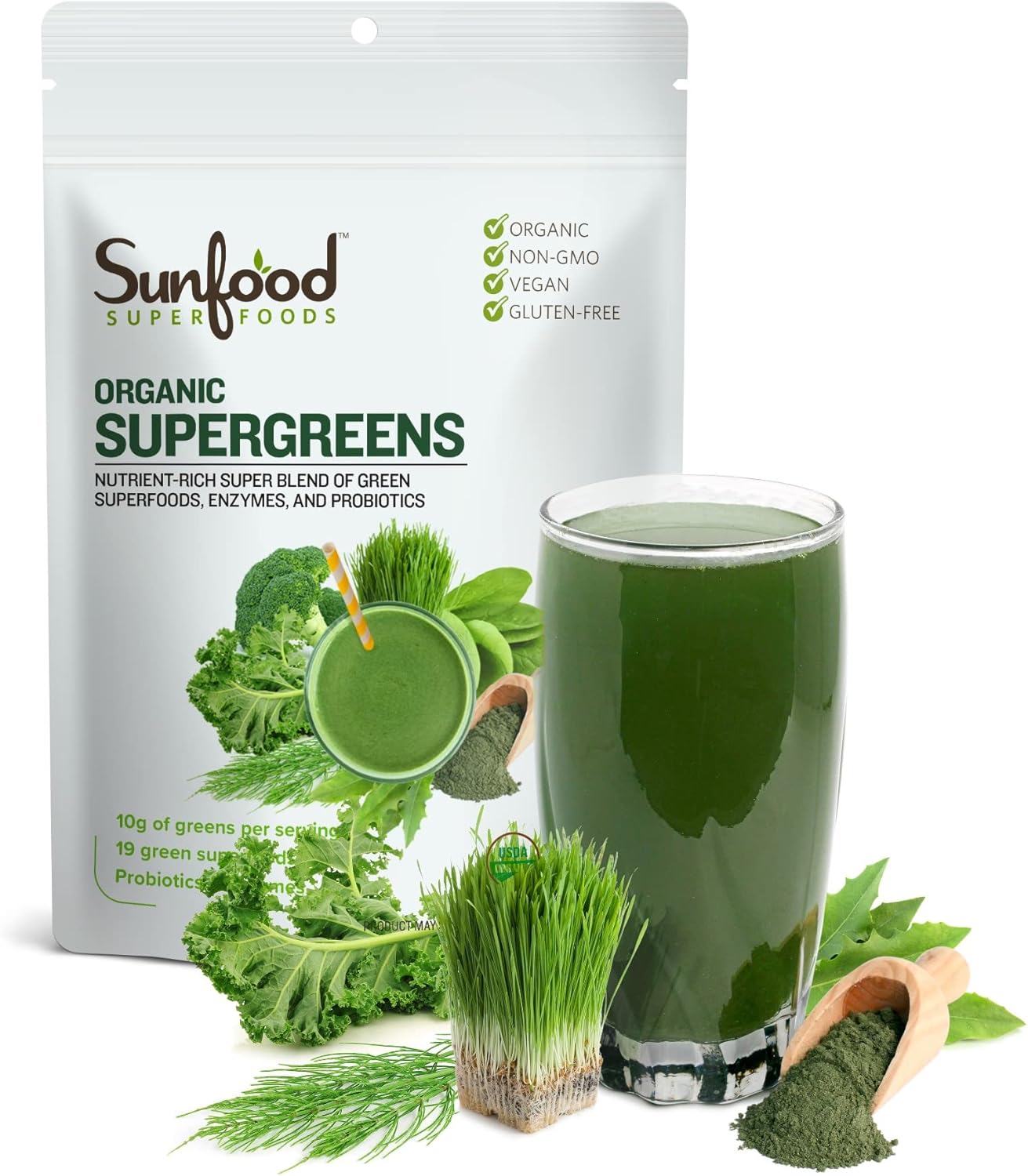 Sunfood Super Greens Powder | Organic Blend Green Superfood | Chlorophyll Rich, Protein & Fiber | Spirulina & Chlorella 1st Ingredients | 8 oz Bag Sunfood Super Greens Powder | Organic Blend Green Superfood | Chlorophyll Rich, Protein & Fiber | Spirulina & Chlorella 1st Ingredients | 8 oz Bag