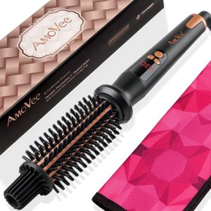 AmoVee 1 Inch Curling Iron Brush, Ceramic Tourmaline Ionic Hair Curling Wand Volumizing Hot Brush with Barrel & Anti-Scald Bristles for All Hair Types, Dual Voltage, Instant Heat & Auto-Off