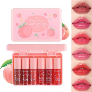 6 Colors Peach Lip Tint Stain Set, Mini Liquid Lipstick, Korean Lip Tint Lip Stain Lip Gloss, Multi-Use Lip and Cheek Tint, Long Lasting, Non-Stick Cup, Waterproof, High Pigment, Lip Tint Makeup