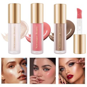 Face Blush+ Face Highlighter+ Face Contour with Brush Liquid Blush, Liquid Highlighter, Liquid Contour Long Lasting & Smooth Creamy Formula Lightweight Blush, Illuminator, Contour