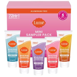 Lume Whole Body Deodorant 5 Pack Sampler – Invisible Cream Minis – 72 Hour Odor Control – Aluminum & Baking Soda Free (Clean Tangerine, Lavender Sage, Peony Rose, Toasted Coconut, Unscented)
