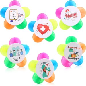 Leery Petals Highlighters, Flower Shape Watercolor Highlighter Pens 5 in 1 Fluorescent Nurse Pens for School Office Stationery Supplies Back to School Nurse Day (6 Pieces,5 Colors)