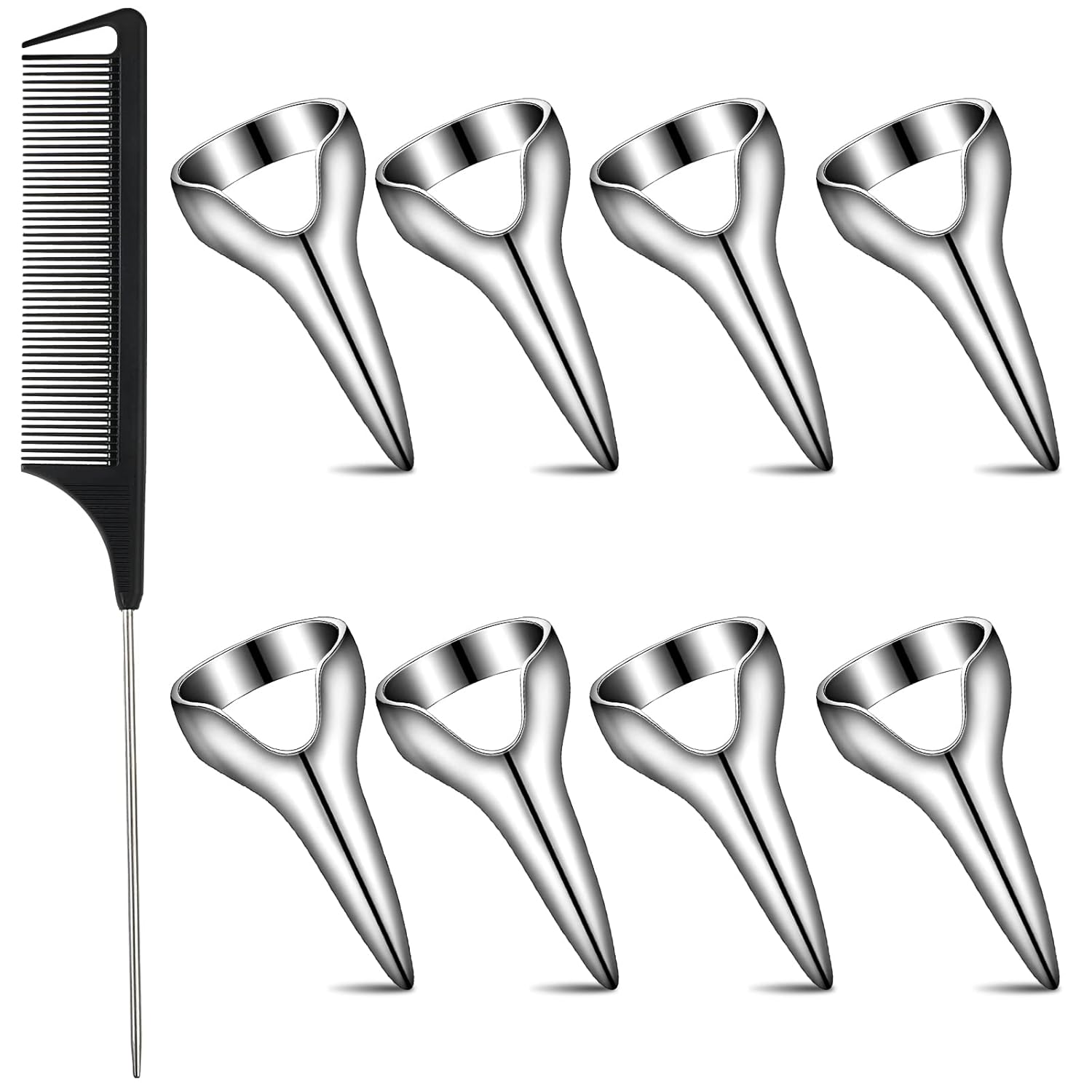 9 Pieces Metal Hair Parting Rings and pinky Selecting Tools Retro Nail Finger with Steel Comb Pointed Styling Combs for Hair stitch Braiding Curling Hair Extension Halloween Cosplay (Silver) 9 Pieces Metal Hair Parting Rings and pinky Selecting Tools Retro Nail Finger with Steel Comb Pointed Styling Combs for Hair stitch Braiding Curling Hair Extension Halloween Cosplay (Silver)