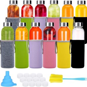 CUCUMI 12pcs 18oz Glass Water Bottles with Sleeves and Stainless Steel Lids, Reusable Glass Juice Bottles Bulk with Funnel, Stickers, Brush and Replaceable Caps for Storing Beverages Juice, Kombucha