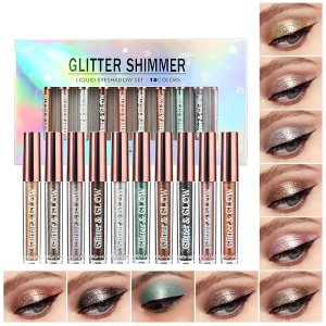 10 Colors Liquid Eyeshadow Metallic Glitter Eyeshadow Set Diamond Shimmer Sparkling Smokey Eye Looks Quick-Drying Waterproof Long Lasting for Women Eye Makeup Gift Kits