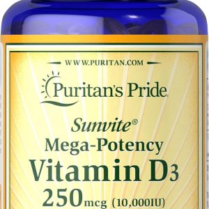 Puritan’s Pride Vitamin D3 10000 IU Bolsters Health Immune System Support and Healthy Bones & Teeth Softgels, Yellow, 100 Count