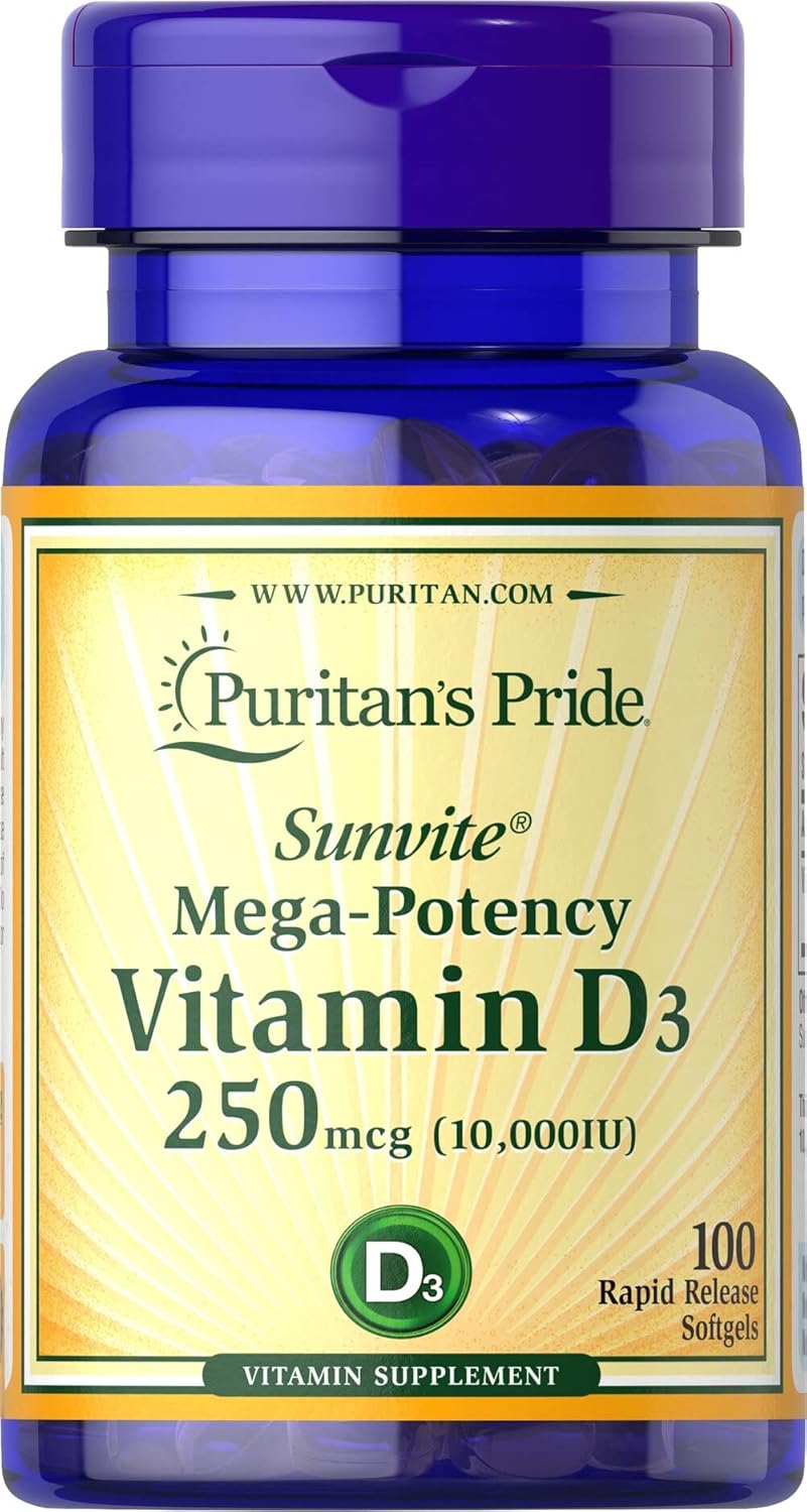 Puritan’s Pride Vitamin D3 10000 IU Bolsters Health Immune System Support and Healthy Bones & Teeth Softgels, Yellow, 100 Count Puritan’s Pride Vitamin D3 10000 IU Bolsters Health Immune System Support and Healthy Bones & Teeth Softgels, Yellow, 100 Count